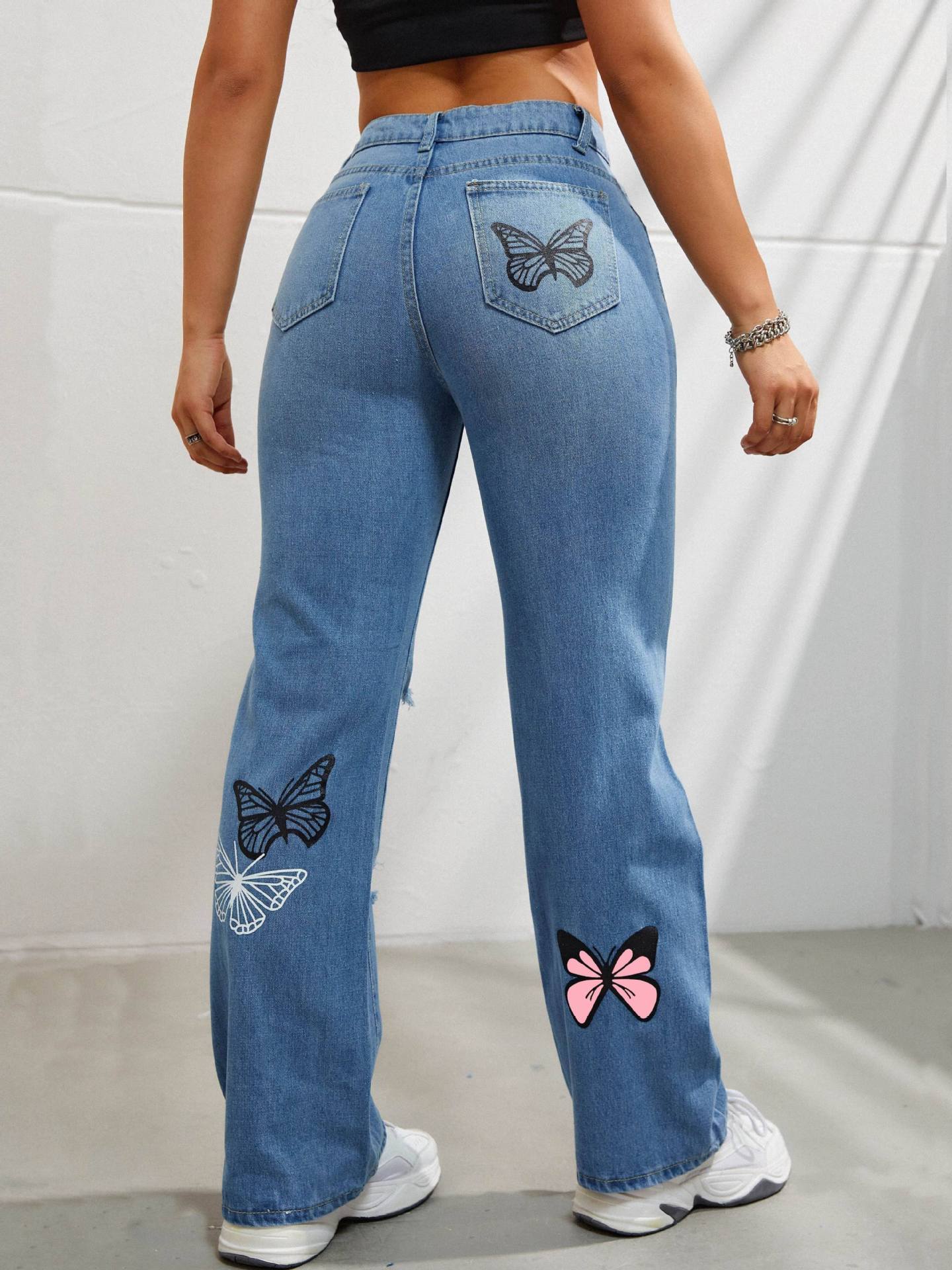 High Waisted Straight Leg Jeans For Women Trendy Butterfly Print Ripped.