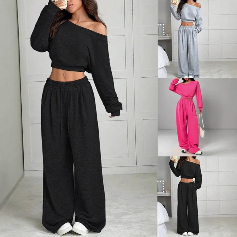 Women's Fashion Slim-fit Off-the-shoulder Navel Solid Color Casual Pants Suit