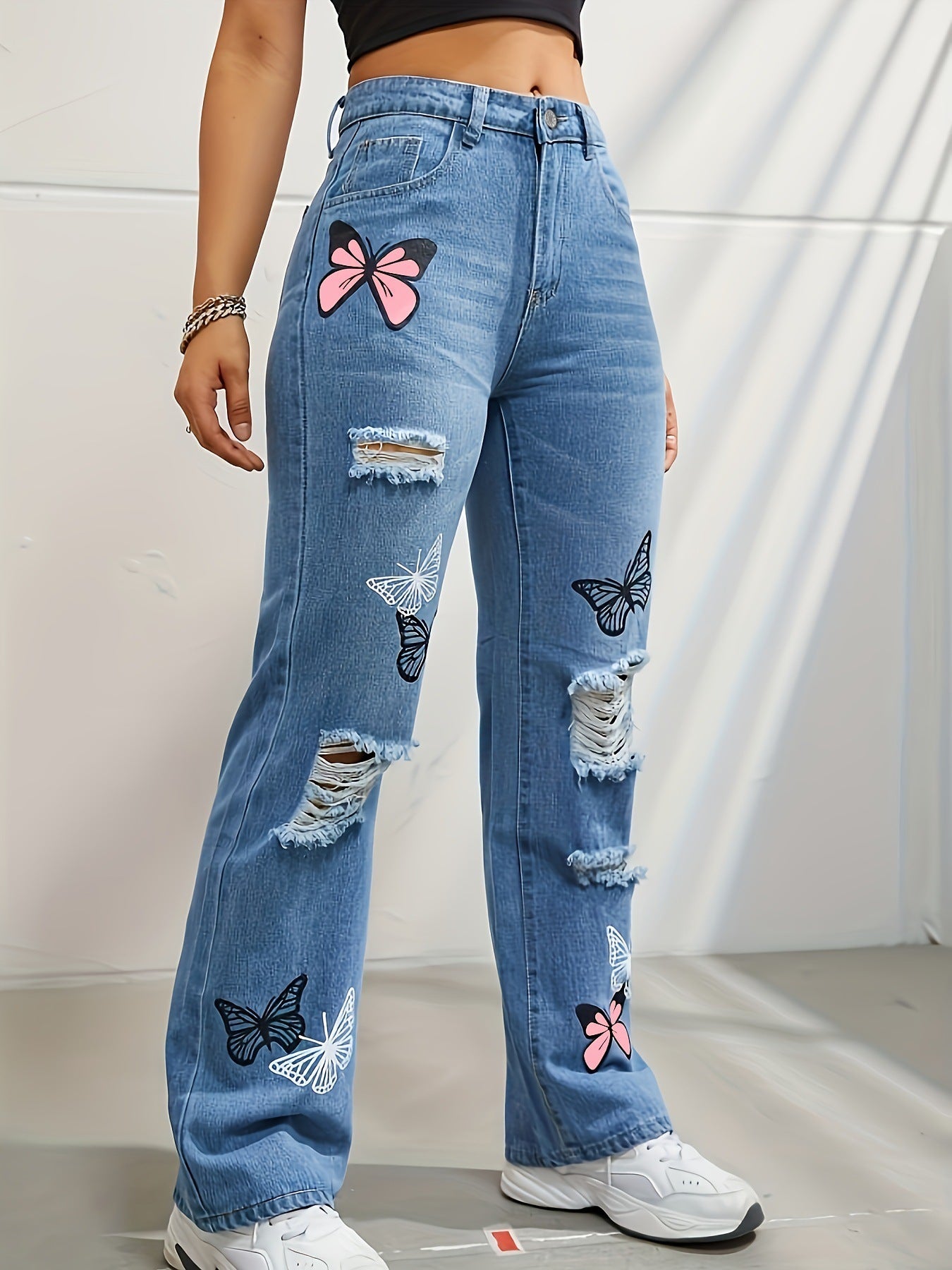 High Waisted Straight Leg Jeans For Women Trendy Butterfly Print Ripped.
