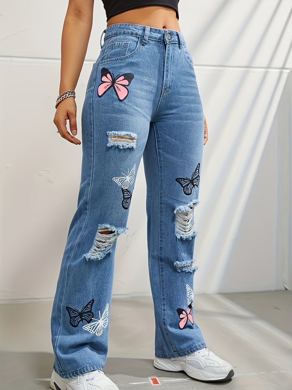 High Waisted Straight Leg Jeans For Women Trendy Butterfly Print Ripped.