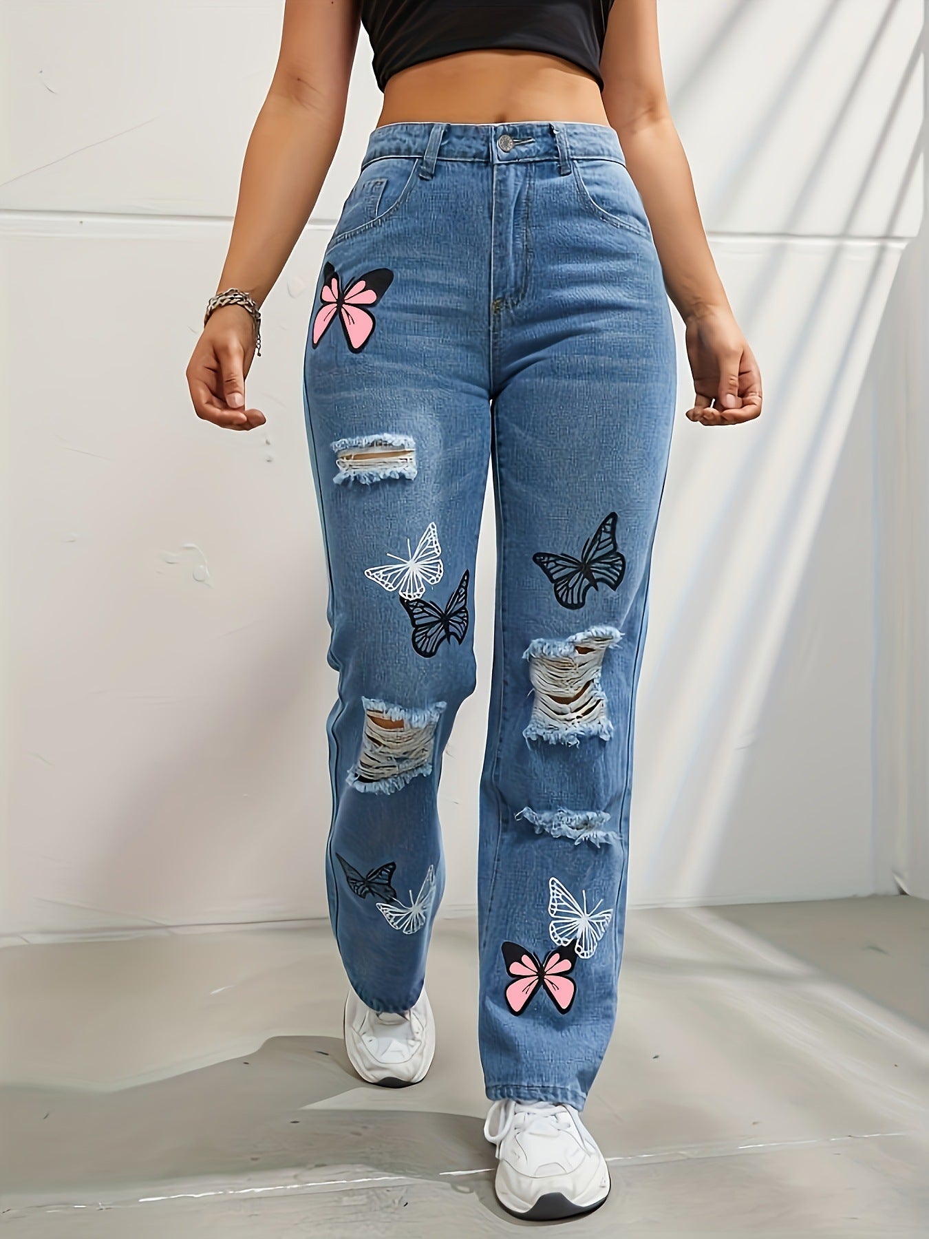 High Waisted Straight Leg Jeans For Women Trendy Butterfly Print Ripped.
