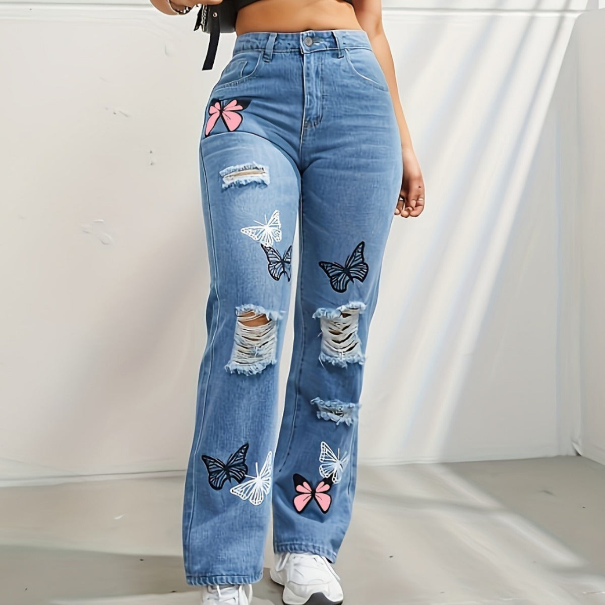 High Waisted Straight Leg Jeans For Women Trendy Butterfly Print Ripped.