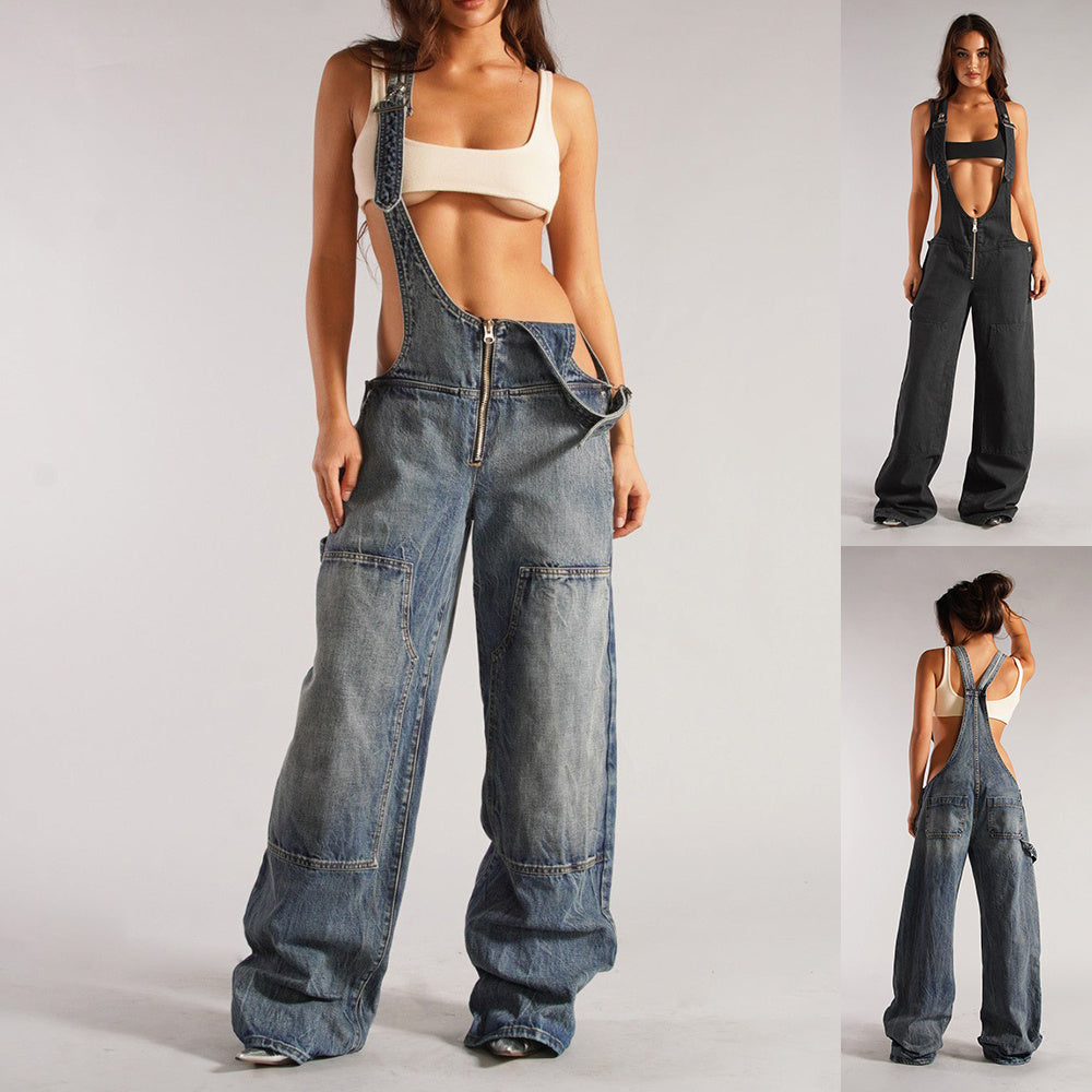 Y2K Zipper Denim Overalls With Pockets Fashion Loose.