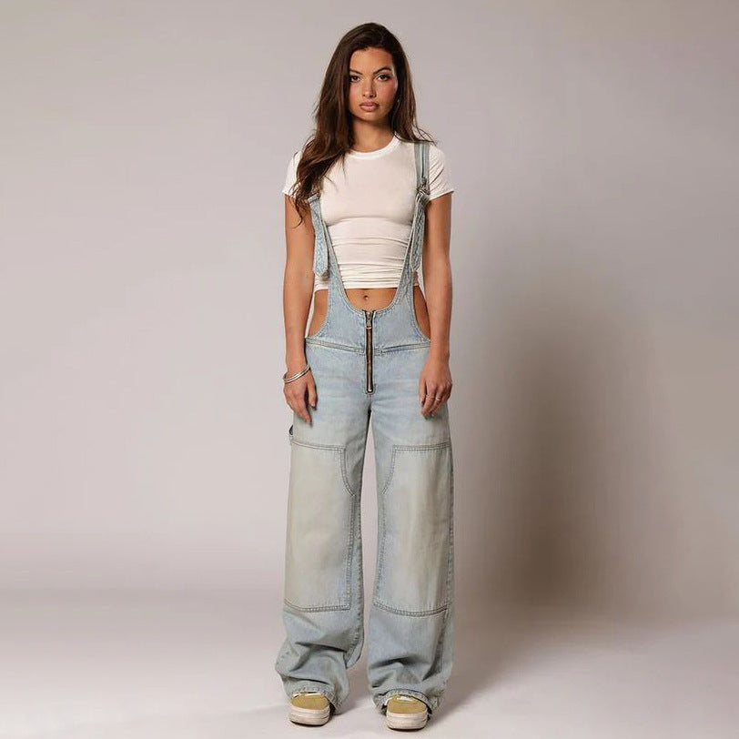 Y2K Zipper Denim Overalls With Pockets Fashion Loose.