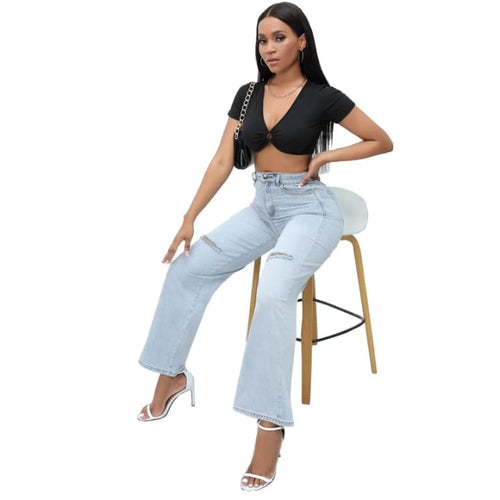 elegant ripped wide-leg jeans women.