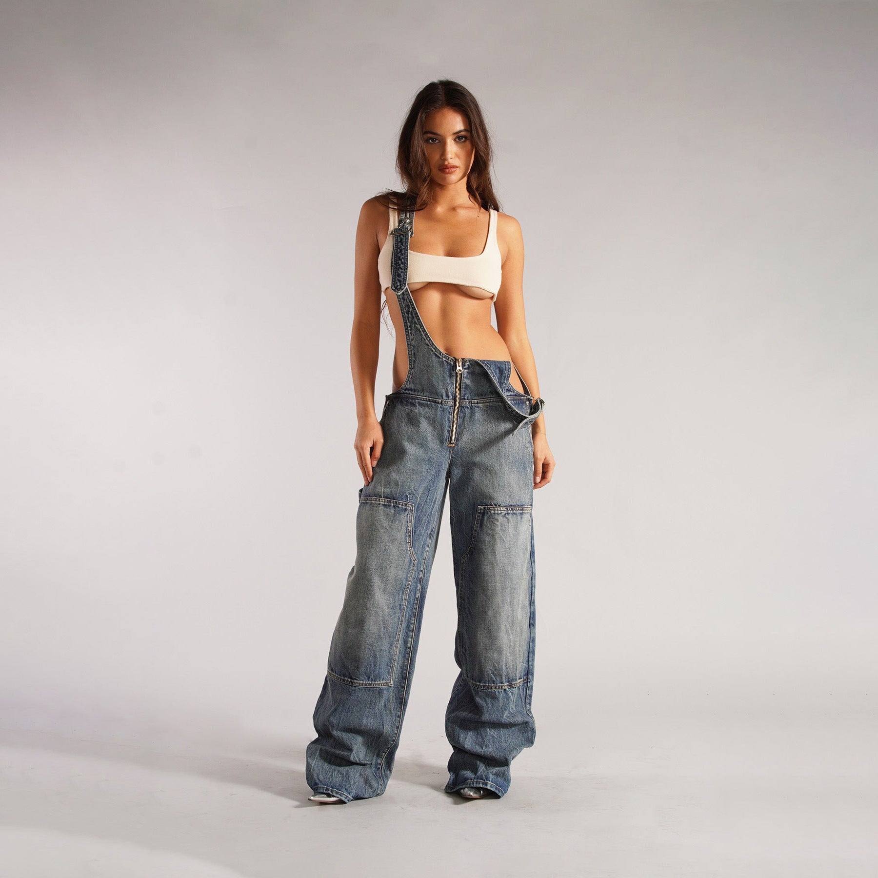 Y2K Zipper Denim Overalls With Pockets Fashion Loose.