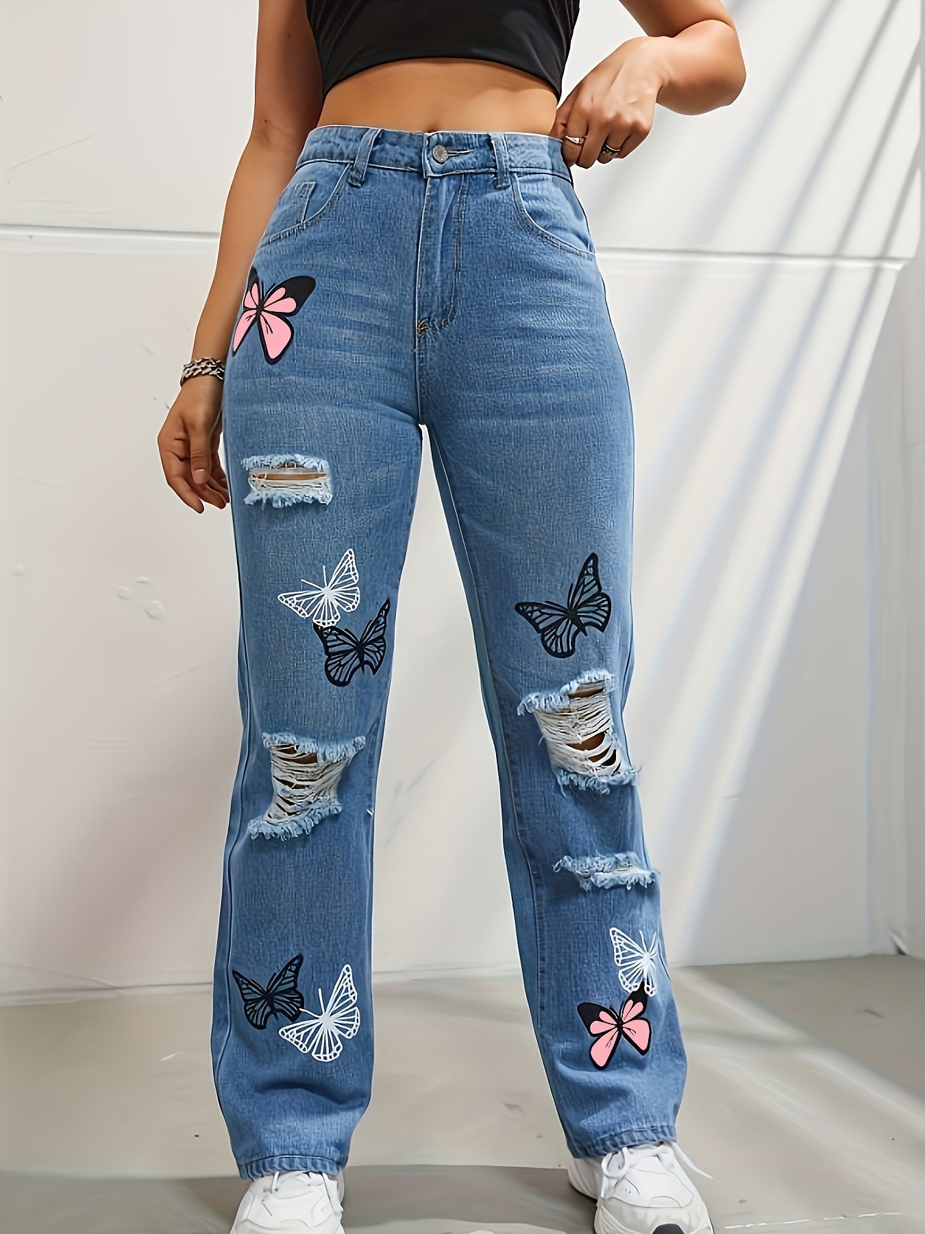 High Waisted Straight Leg Jeans For Women Trendy Butterfly Print Ripped.