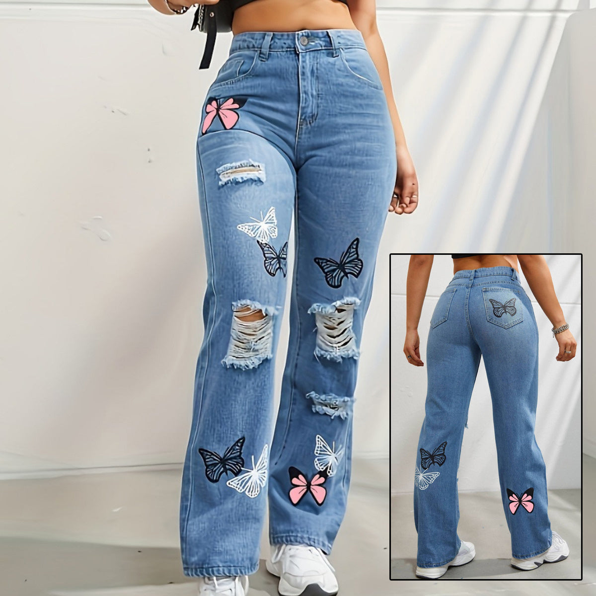 High Waisted Straight Leg Jeans For Women Trendy Butterfly Print Ripped.