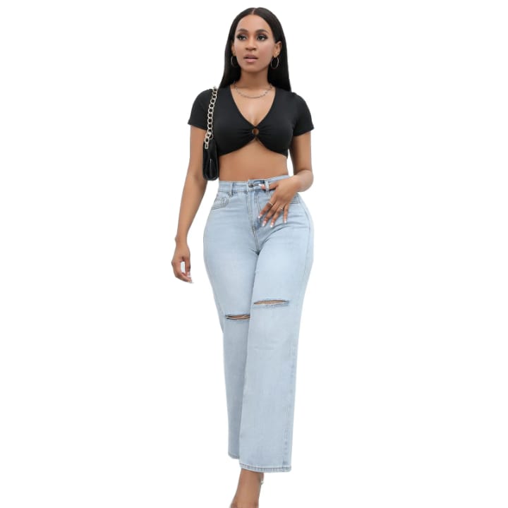 elegant ripped wide-leg jeans women.